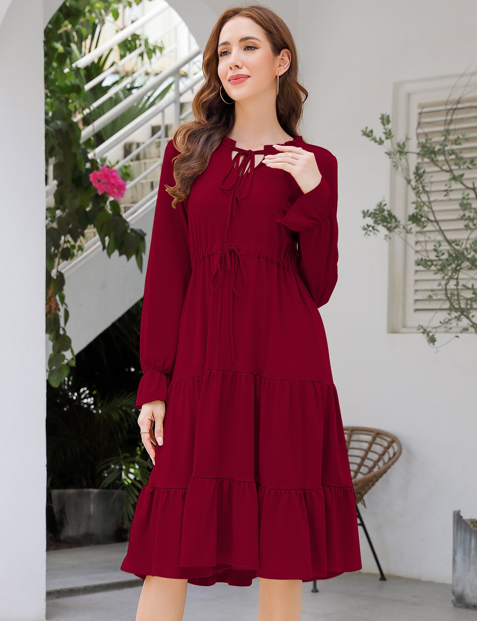 YESFASHION Casual V Neck Polka Dot Puff Sleeve Ruffles Dress Green