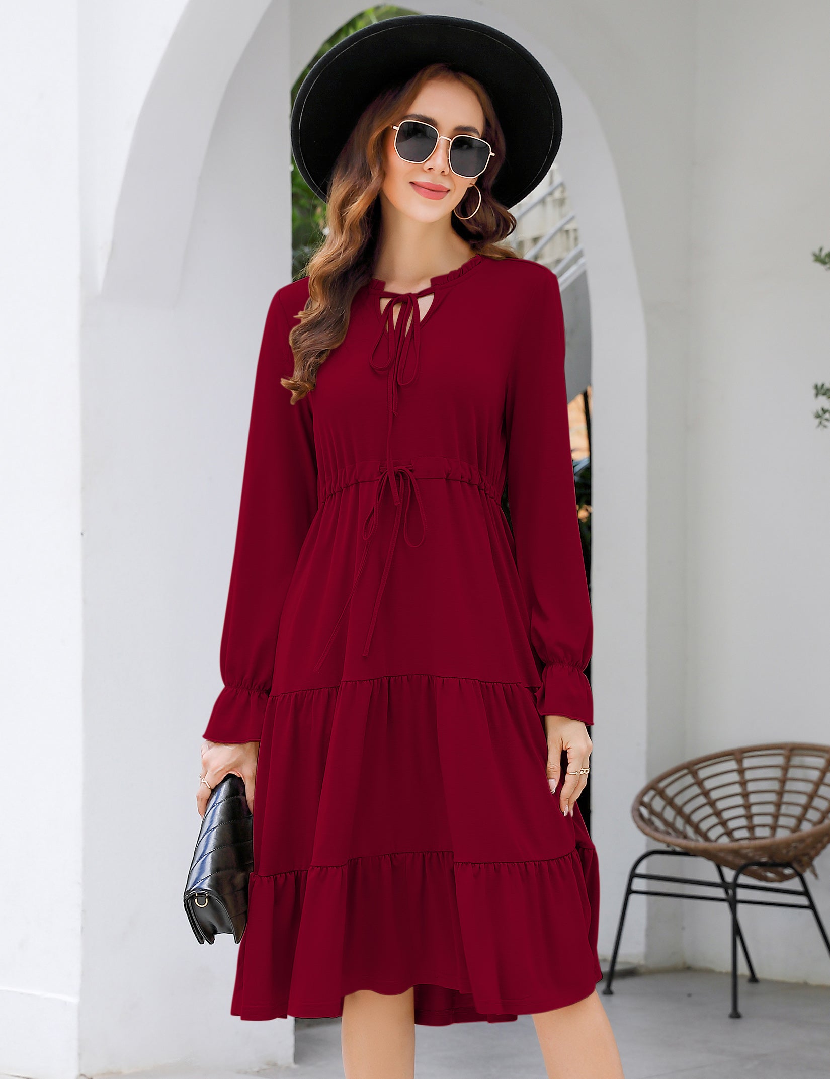 YESFASHION Casual V Neck Polka Dot Puff Sleeve Ruffles Dress Blue