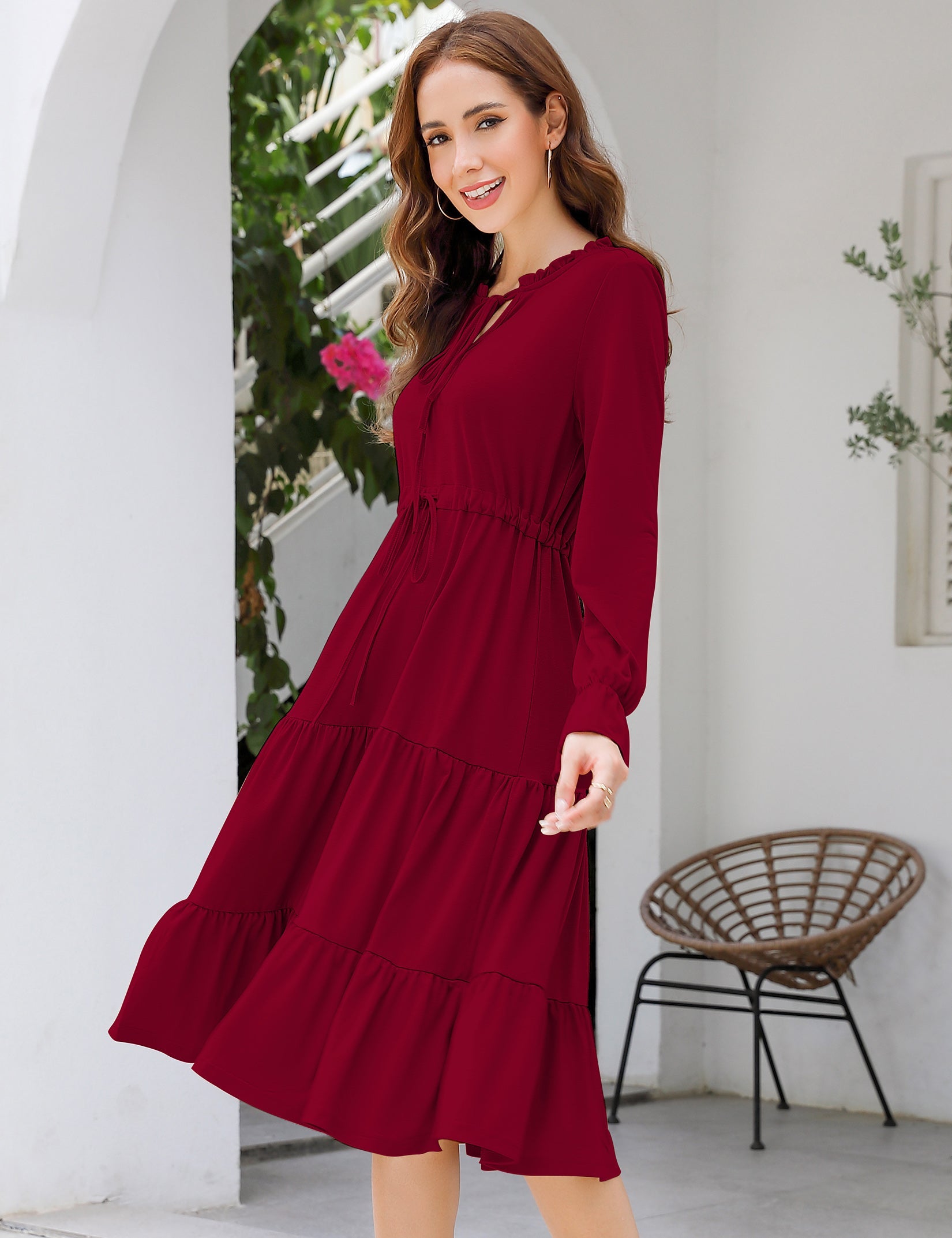 YESFASHION Casual V Neck Polka Dot Puff Sleeve Ruffles Dress Wine Red