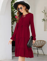 YESFASHION Casual V Neck Polka Dot Puff Sleeve Ruffles Dress Wine Red