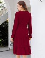 YESFASHION Casual V Neck Polka Dot Puff Sleeve Ruffles Dress Wine Red