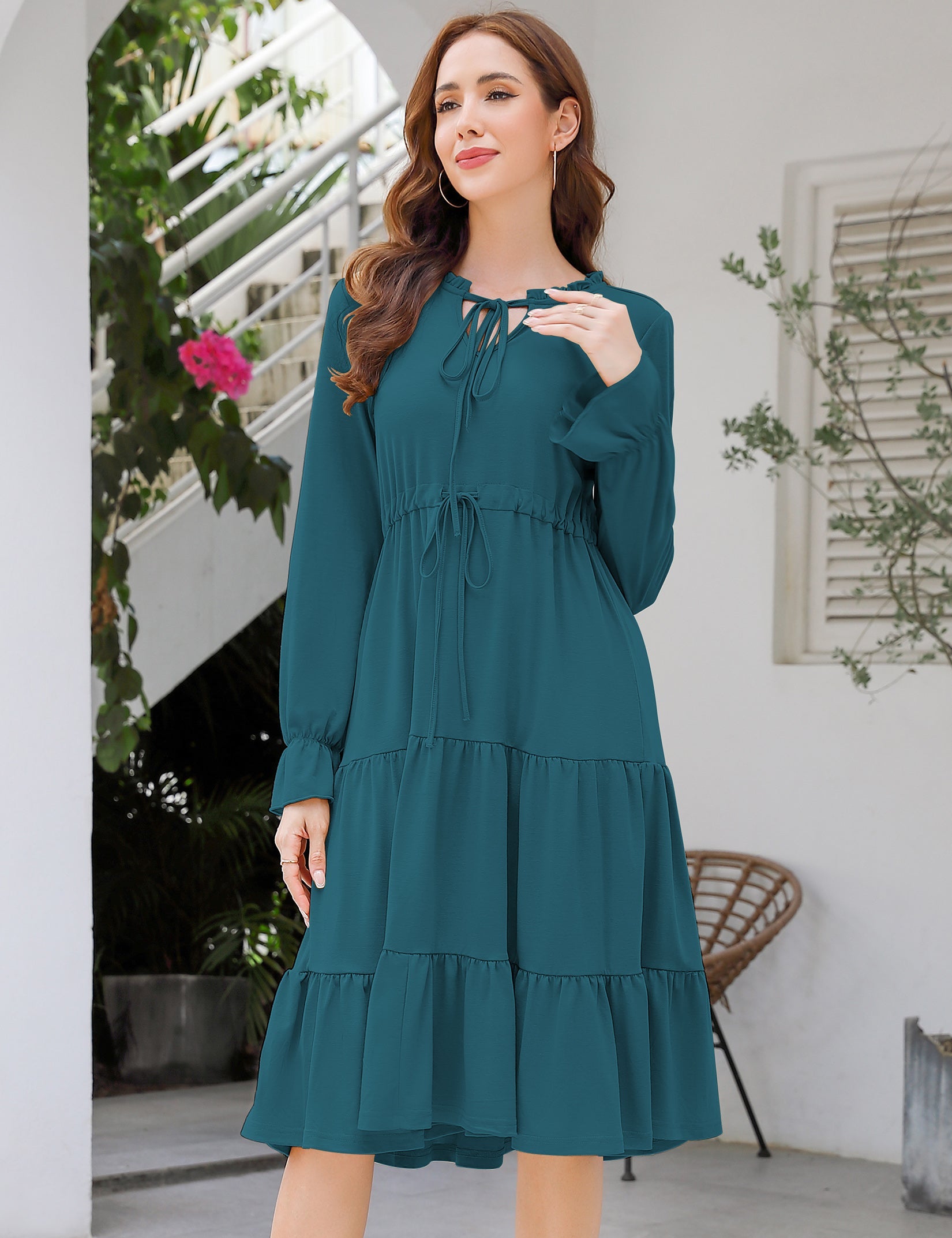 YESFASHION Casual V Neck Polka Dot Puff Sleeve Ruffles Dress Wine Red