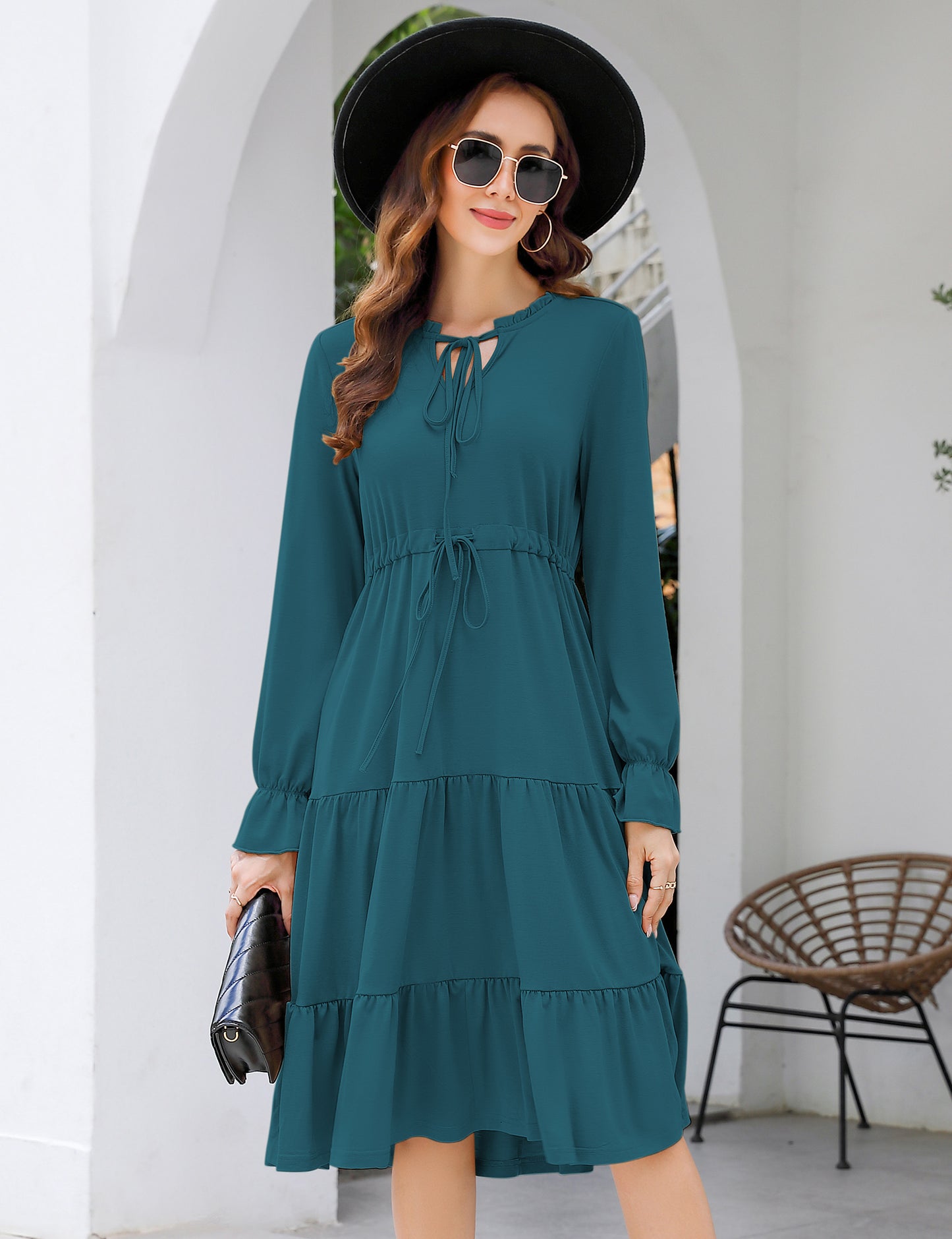 YESFASHION Casual V Neck Polka Dot Puff Sleeve Ruffles Dress Black