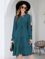 YESFASHION Casual V Neck Polka Dot Puff Sleeve Ruffles Dress Green