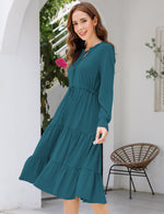 YESFASHION Casual V Neck Polka Dot Puff Sleeve Ruffles Dress Green
