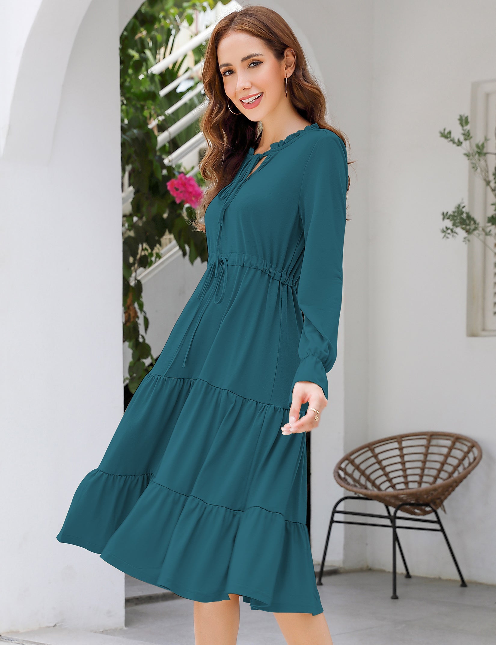 YESFASHION Casual V Neck Polka Dot Puff Sleeve Ruffles Dress Green