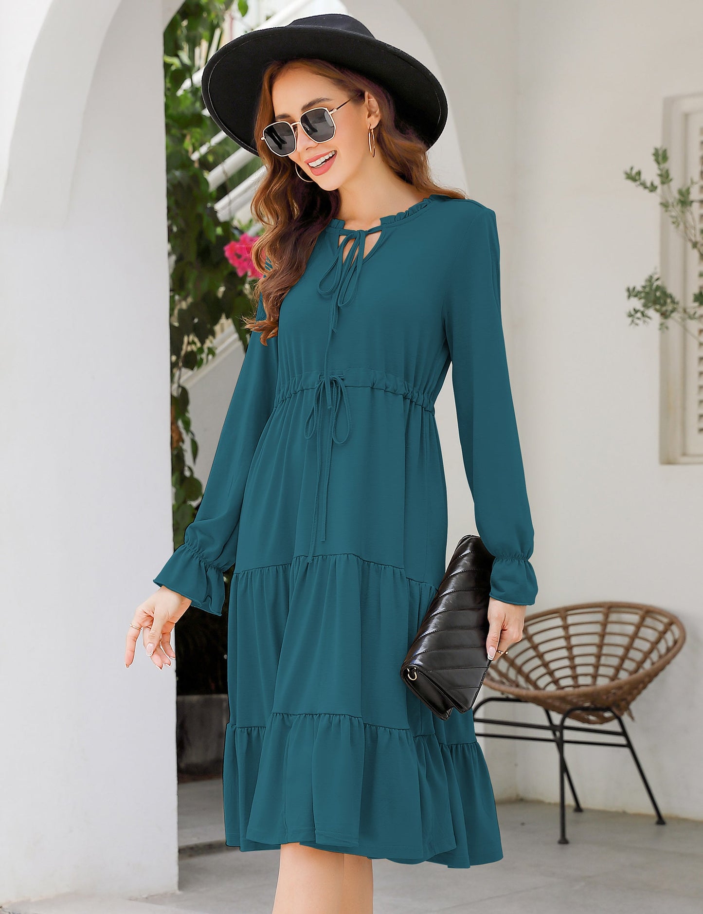 YESFASHION Casual V Neck Polka Dot Puff Sleeve Ruffles Dress Blue