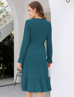 YESFASHION Casual V Neck Polka Dot Puff Sleeve Ruffles Dress Green