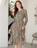 YESFASHION Casual V Neck Polka Dot Puff Sleeve Ruffles Dress Brown