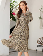 YESFASHION Casual V Neck Polka Dot Puff Sleeve Ruffles Dress Brown
