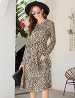 YESFASHION Casual V Neck Polka Dot Puff Sleeve Ruffles Dress Brown