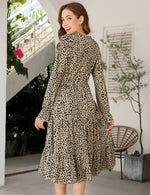 YESFASHION Casual V Neck Polka Dot Puff Sleeve Ruffles Dress Brown