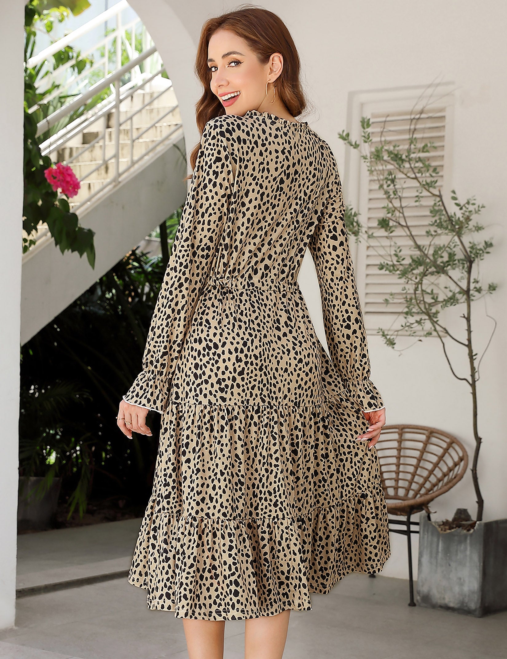 YESFASHION Casual V Neck Polka Dot Puff Sleeve Ruffles Dress Brown