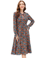 YESFASHION Casual V Neck Polka Dot Puff Sleeve Ruffles Dress Blue