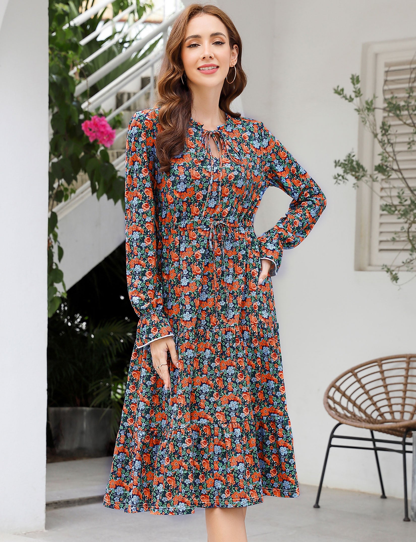 YESFASHION Casual V Neck Polka Dot Puff Sleeve Ruffles Dress Blue