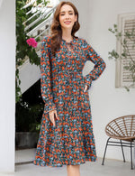 YESFASHION Casual V Neck Polka Dot Puff Sleeve Ruffles Dress Blue