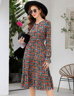 YESFASHION Casual V Neck Polka Dot Puff Sleeve Ruffles Dress Blue