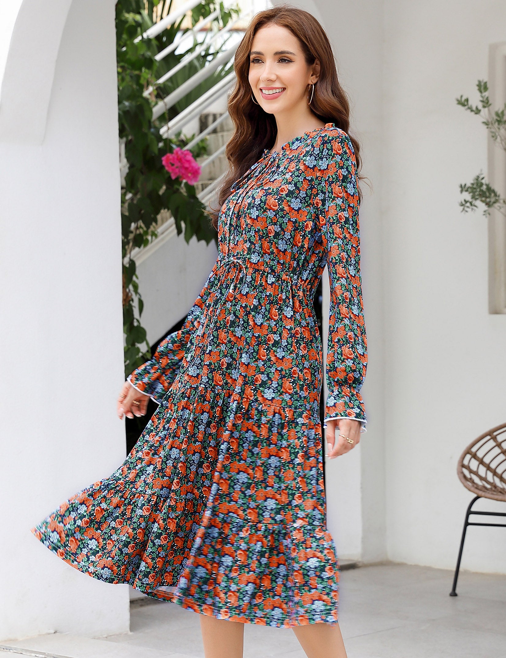 YESFASHION Casual V Neck Polka Dot Puff Sleeve Ruffles Dress Blue