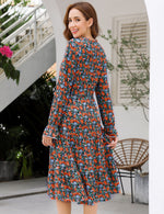 YESFASHION Casual V Neck Polka Dot Puff Sleeve Ruffles Dress Blue