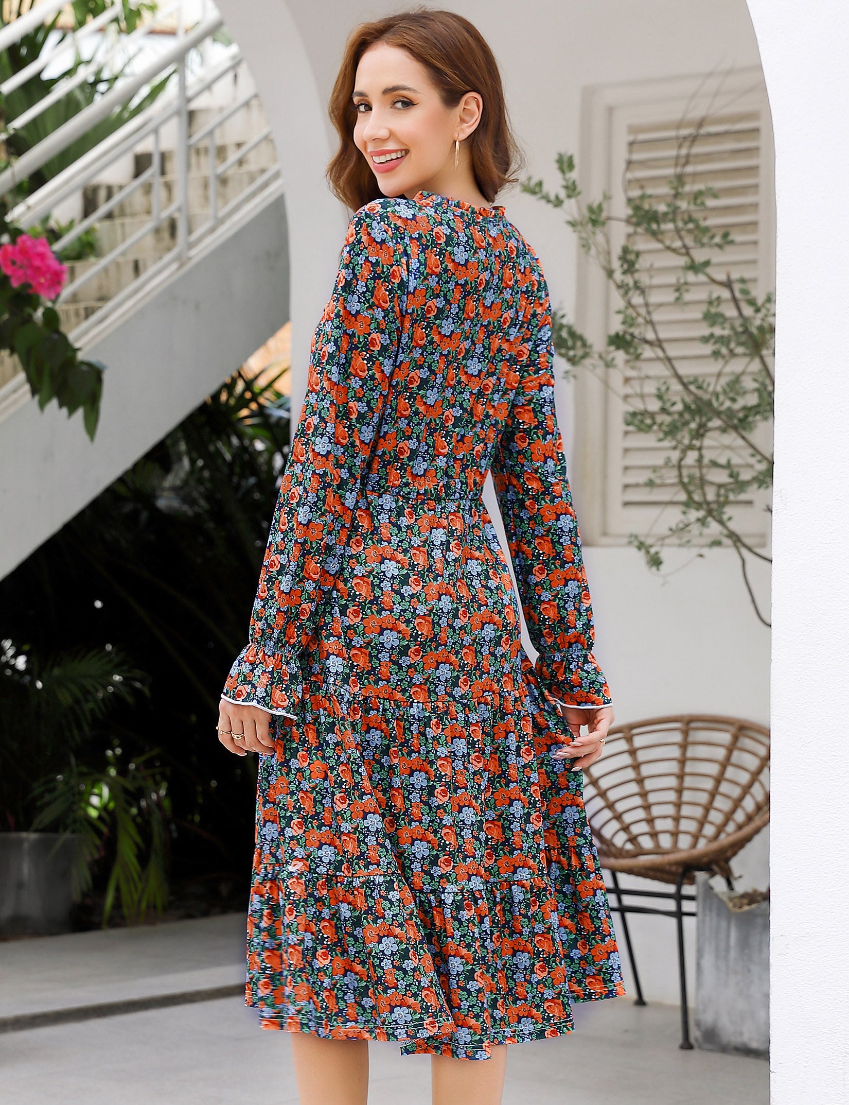 YESFASHION Casual V Neck Polka Dot Puff Sleeve Ruffles Dress Blue