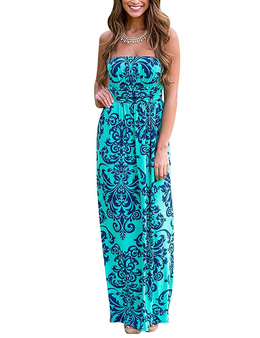 YESFASHION Women Ruched Strapless Maxi Vintage Floral Print Long Dress