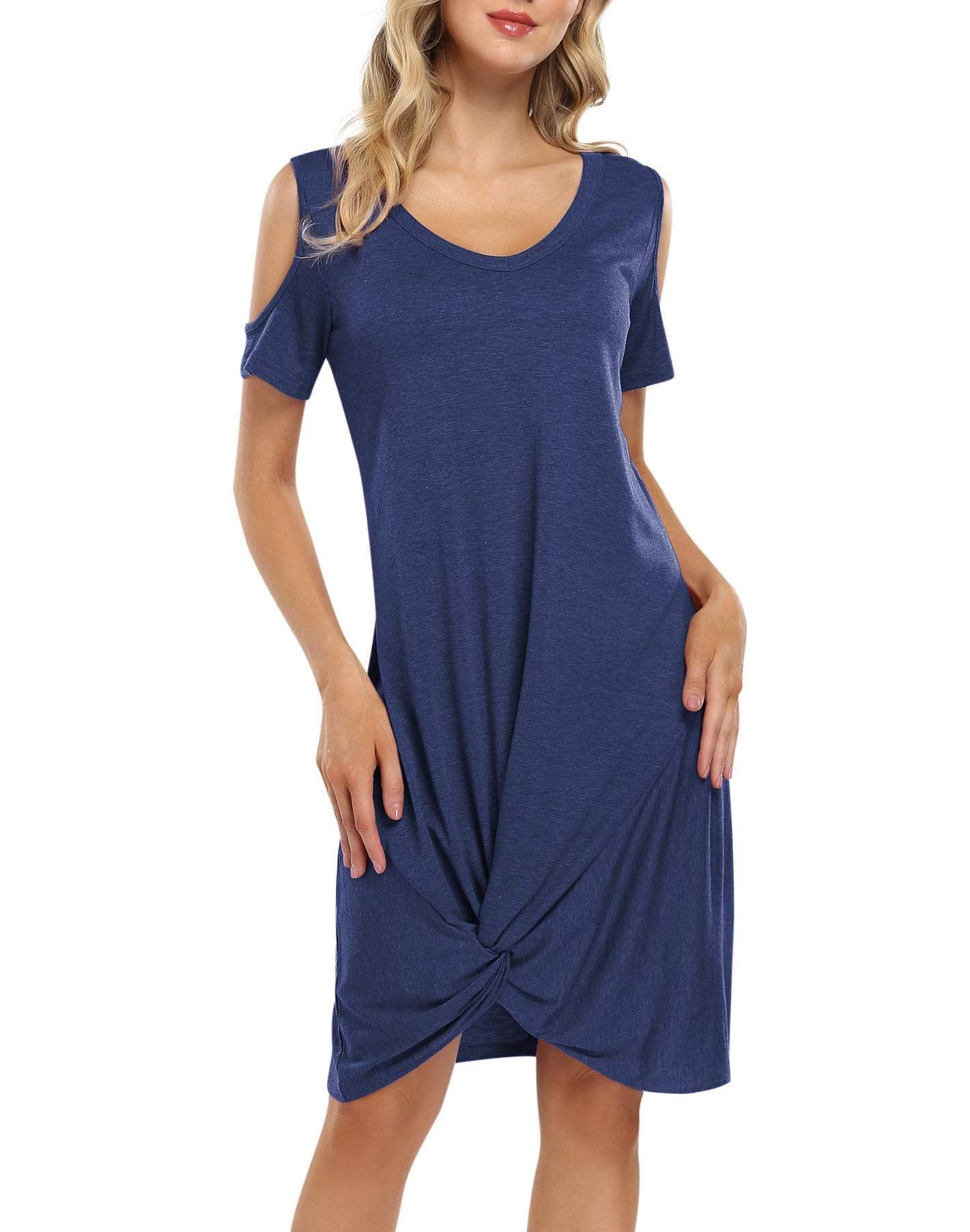 YESFASHION Women's Twist Knot T Shirt Dress Dark Blue