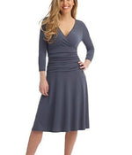 Women 3/4 Sleeve Dresses Wrap V Neck Ruched Waist Slim Fit Flare