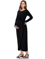 Maternity Dress Women's Casual Round Neck Front Slit High Low Maxi Dress with Belt