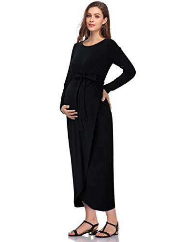 Maternity Dress Women's Casual Round Neck Front Slit High Low Maxi Dress with Belt