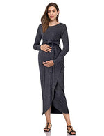 Maternity Dress Women's Casual Round Neck Front Slit High Low Maxi Dress with Belt