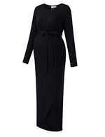 Maternity Dress Women's Casual Round Neck Front Slit High Low Maxi Dress with Belt