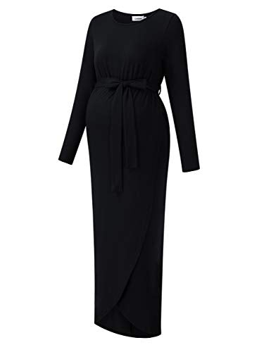Maternity Dress Women's Casual Round Neck Front Slit High Low Maxi Dress with Belt