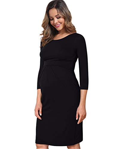 Maternity Dress Women's 3/4 Sleeve Scoop Neck Front Pleated Knee Length Bodycon Maternity Dresses