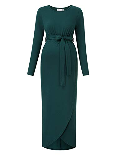 Maternity Dress Women's Casual Round Neck Front Slit High Low Maxi Dress with Belt