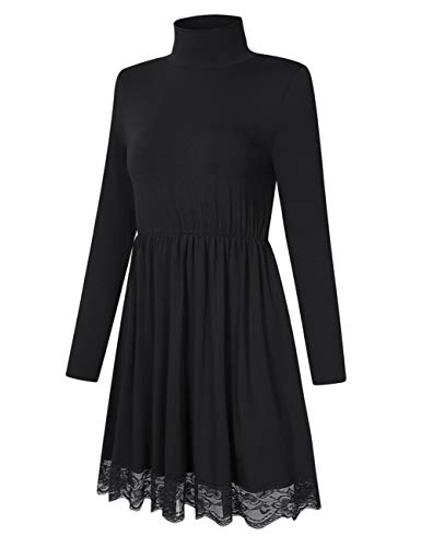 Women Turtleneck Long Sleeve Tunic Casual Short Dress with Lace Hem