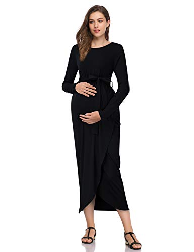 Maternity Dress Women's Casual Round Neck Front Slit High Low Maxi Dress with Belt