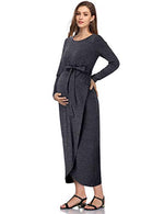 Maternity Dress Women's Casual Round Neck Front Slit High Low Maxi Dress with Belt