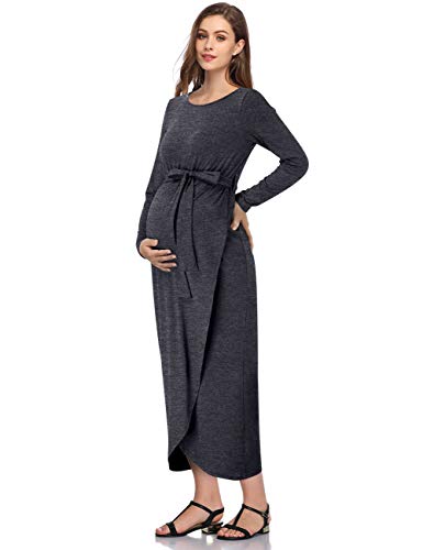 Maternity Dress Women's Casual Round Neck Front Slit High Low Maxi Dress with Belt