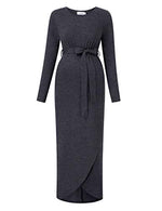 Maternity Dress Women's Casual Round Neck Front Slit High Low Maxi Dress with Belt