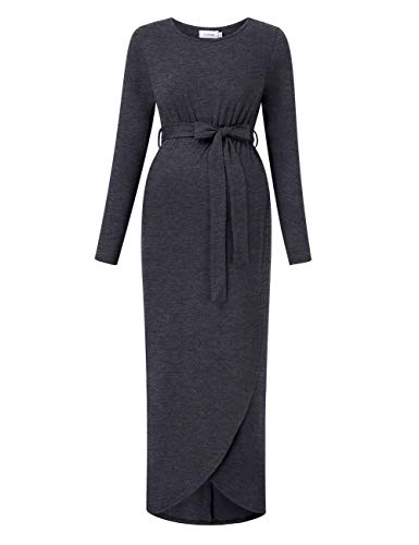 Maternity Dress Women's Casual Round Neck Front Slit High Low Maxi Dress with Belt