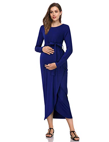 Maternity Dress Women's Casual Round Neck Front Slit High Low Maxi Dress with Belt
