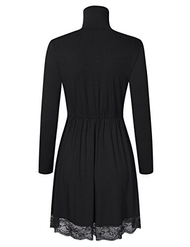 Women Turtleneck Long Sleeve Tunic Casual Short Dress with Lace Hem