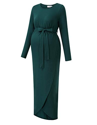 Maternity Dress Women's Casual Round Neck Front Slit High Low Maxi Dress with Belt