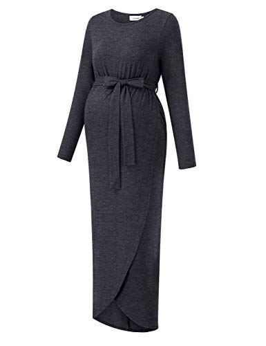 Maternity Dress Women's Casual Round Neck Front Slit High Low Maxi Dress with Belt