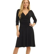 Women 3/4 Sleeve Dresses Wrap V Neck Ruched Waist Slim Fit Flare