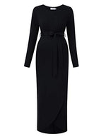 Maternity Dress Women's Casual Round Neck Front Slit High Low Maxi Dress with Belt
