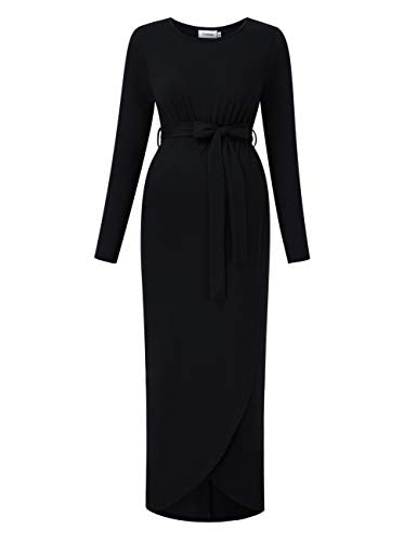 Maternity Dress Women's Casual Round Neck Front Slit High Low Maxi Dress with Belt