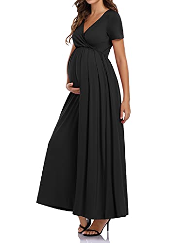 Maternity Maxi Dress for Women with Empire Waist Short Sleeve Wrap Ruched Long Pregnancy Dresses