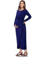 Maternity Dress Women's Casual Round Neck Front Slit High Low Maxi Dress with Belt