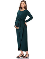 Maternity Dress Women's Casual Round Neck Front Slit High Low Maxi Dress with Belt